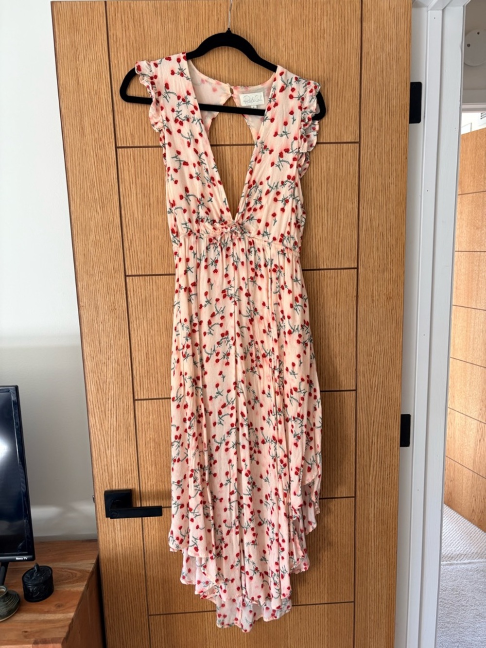 Ruffled Deep V-Neck Floral Maxi Dress in Blush with Red Cherry Print